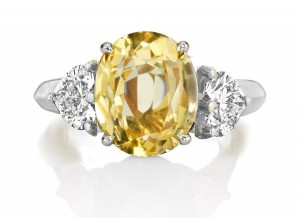 Premium Quality Unique Heart Shaped Diamonds & Yellow Sapphire Oval Three Stone Rings