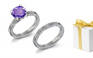 Decorated: Purple Sapphire & White Diamond Engraved Ring