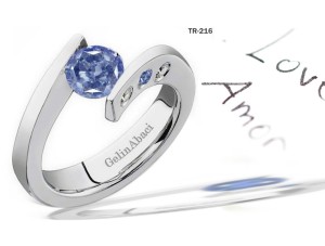 Contemporary High Quality Designer Blue Colored Diamond Tension Set Solitaire Ring M