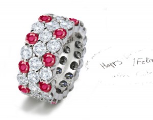 Collosal 3 Sparkling Rows of Round Diamond & Ruby Rings in Platinum & Gold