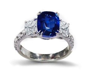 Blue Sapphire & Diamond Three Stone Ring With Diamond Accents