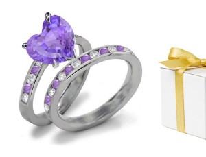 Purple Sapphire Heart Diamond Engagement & Wedding Rings