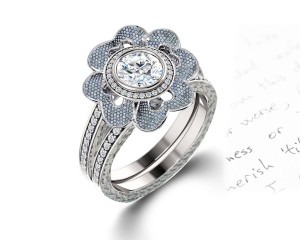 Delicate Micro Pave Halo Vivid Flower Blue Sapphires & Brilliant-Cut Round Diamonds Designer Engagement Rings