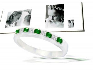 Emerald Jewelry Wedding Rings: Emerald and Diamond Rounds Channel Set Rings in 14K White Gold. 