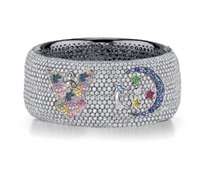 Delicate French pavee Sparkling Brilliant-Cut Round Diamonds & Vivid Multi-Colored Precious Stones Eternity Rings & Bands Featuring Fairy, Moon & Stars