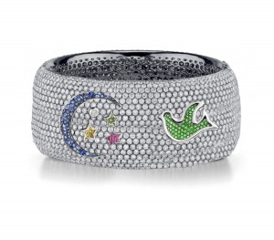 Delicate French pavee Sparkling Brilliant-Cut Round Diamonds & Vivid Multi-Colored Precious Stones Eternity Rings & Bands Featuring Bird, Moon & Stars