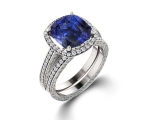 Delicate Micro Pave Halo Vivid Blue Sapphires & Brilliant-Cut Round Diamonds Designer Engagement Rings