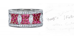 6mm Wide Micropavee Ruby Band, Navette Motifs & Diamond Borders