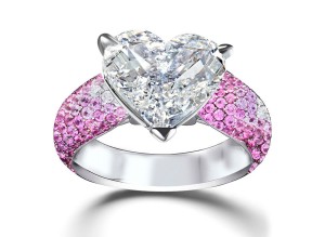 Heart Diamond & Pink Sapphire Micropave Set Engagement and Right Hand Rings