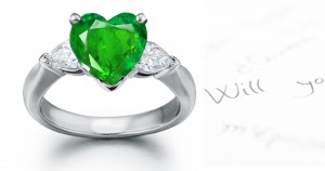 Classic Diamond Designs: 14K White Gold Center Heart Emerald & Diamond pear-shaped side stones 3 Stone Ring