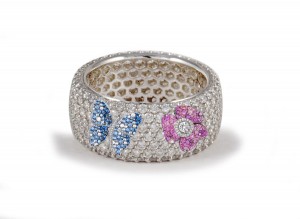 High Quality French pavee Multi-Colored Sapphire & Brilliant-Cut Round Diamond Butterfly & Flower Eternity Rings & Bands