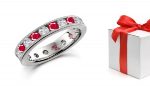 Versatile: Milgrain Edge Channel Set Ruby & Diamond Wedding Ring in Size 3 to 8 in Platinum