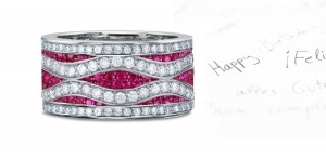 6mm Wide Micropavee Ruby Band, 2 Diamond Waves & Diamond Borders