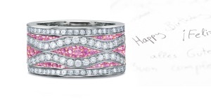 Micropavee Pink Sapphire Diamond Eternity Double Wave Platinum Band