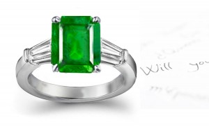 A Complete Display: Popular & Fashionable: Emerald Timeless Classic 3 Stone Emerald Cut Emerald & Bullet Shape Diamond Ring in Platinum