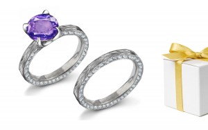 Decorated: Purple Sapphire & Diamond Engraved Ring