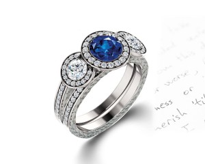 Delicate Micro Pave Halo Vivid Blue Sapphires & Brilliant-Cut Round Diamonds Designer Engagement Rings