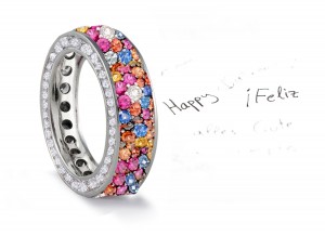 Made to Order French pave Set Brilliant Cut Round Diamonds & Multi Colored Sapphires Eternity Rings & Bands