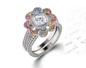 Delicate Micro Pave Halo Vivid Flower Rainbow Sapphires & Brilliant-Cut Round Diamonds Designer Engagement Rings