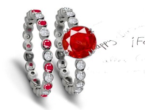 As Red As True Love: Bezel Set Ruby & Diamond Engagement Ring & Matching Band in Platinum Ring