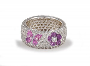 High Quality French pavee Multi-Colored Sapphire & Brilliant-Cut Round Diamond Butterfly & Flower Eternity Rings & Bands