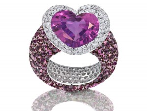 Delicate Micro Pave Round Brilliant Cut & Heart Purple Sapphires & Diamonds Halo Ring