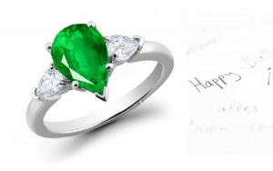 Timeless Newest Creations: 14K White Gold Features Center Pear-shaped Emerald & Diamond pear-shaped side stones 3 Stone Ring