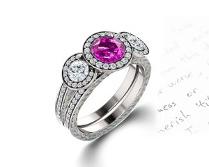 Delicate Micro Pave Halo Vivid Pink Sapphires & Brilliant-Cut Round Diamonds Designer Engagement Rings