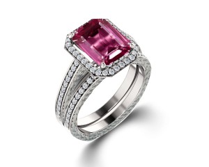 Delicate Micro Pave Halo Vivid Pink Sapphires & Brilliant-Cut Round Diamonds Designer Engagement Rings