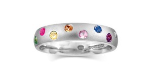 Precision Set Burnish Set Round Diamond & Colored Sapphire Eternity Band Rings