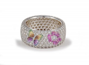 High Quality French pavee Multi-Colored Sapphire & Brilliant-Cut Round Diamond Butterfly & Flower Eternity Rings & Bands