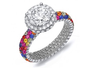 Made To Order Rings Featuring Delicate French Halo Pave Diamonds & Multi-Colored Sapphires