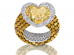 Delicate Micro Pave Round Brilliant Cut & Heart Yellow Sapphires & Diamonds Halo Ring