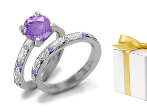 Sparkling Engraved Purple Sapphire Diamond Ring