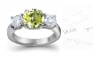 Premier Colored Diamonds Designer Collection - Green Colored Diamonds & White Diamonds Fancy Diamond Three Stone Engagement Rings