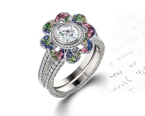 Delicate Micro Pave Halo Vivid Flower Rainbow Sapphires & Brilliant-Cut Round Diamonds Designer Engagement Rings