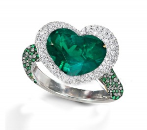 Ring with Heart Emerald & Pave Set Emeralds & White Diamonds in Gold or Platinum