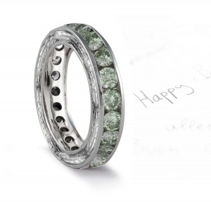 Green Diamond Engraved Wedding Bands