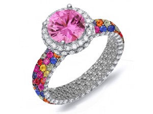 Made To Order Rings Featuring Delicate French Halo Pave Diamonds & Multi-Colored Sapphires