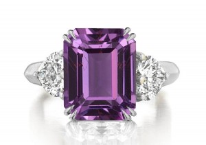 Premium Quality Unique Heart Shaped Diamonds & Purple Sapphire Emerald Cut Three Stone Rings