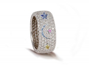 High Quality French pavee Multi-Colored Sapphire & Brilliant-Cut Round Diamond Moon & Stars Eternity Rings & Bands