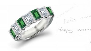 Very Popular: 7 Stone Bar set Emerald-Cut Emerald & Emerald Cut Diamond Anniversary Ring