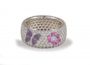 High Quality French pavee Multi-Colored Sapphire & Brilliant-Cut Round Diamond Butterfly & Flower Eternity Rings & Bands