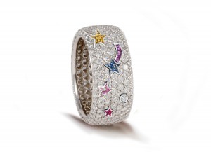 High Quality French pavee Multi-Colored Sapphire & Brilliant-Cut Round Diamond Moon & Stars Eternity Rings & Bands