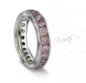 Pink Diamond Engraved Wedding Bands