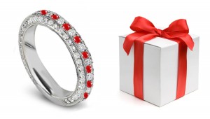 Design & Style: Twinkling Diamond & Ruby Eternity Band in Polished Platinum or Gold Size 3 to 8