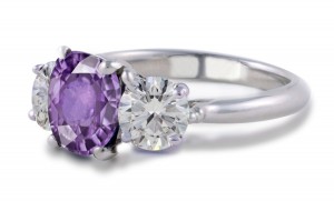 Oval Purple Sapphire Three-Stone Sapphire Engagement Ring with Round Diamonds