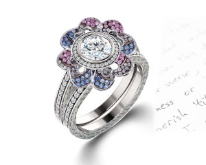 Delicate Micro Pave Halo Vivid Flower Rainbow Sapphires & Brilliant-Cut Round Diamonds Designer Engagement Rings