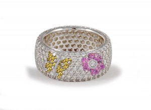 High Quality French pavee Multi-Colored Sapphire & Brilliant-Cut Round Diamond Butterfly & Flower Eternity Rings & Bands