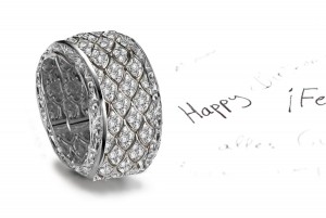 Explore & Discover: A Platinum Band Encrusted with Diamonds & Metal Mesh Frames in Center & Bead Set Diamond Border